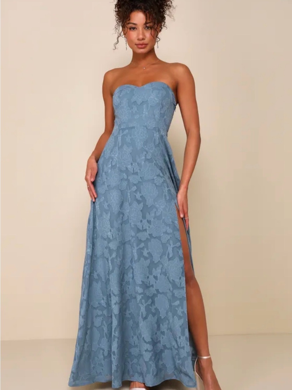 Lulu's Dusty Blue Strapless Lace Maxi Dress with Side Slit